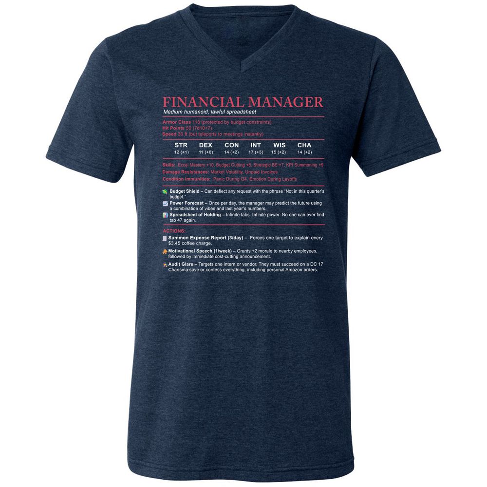 Financial Manager Stats Unisex V-Neck T-Shirt - Heather Navy - 15
