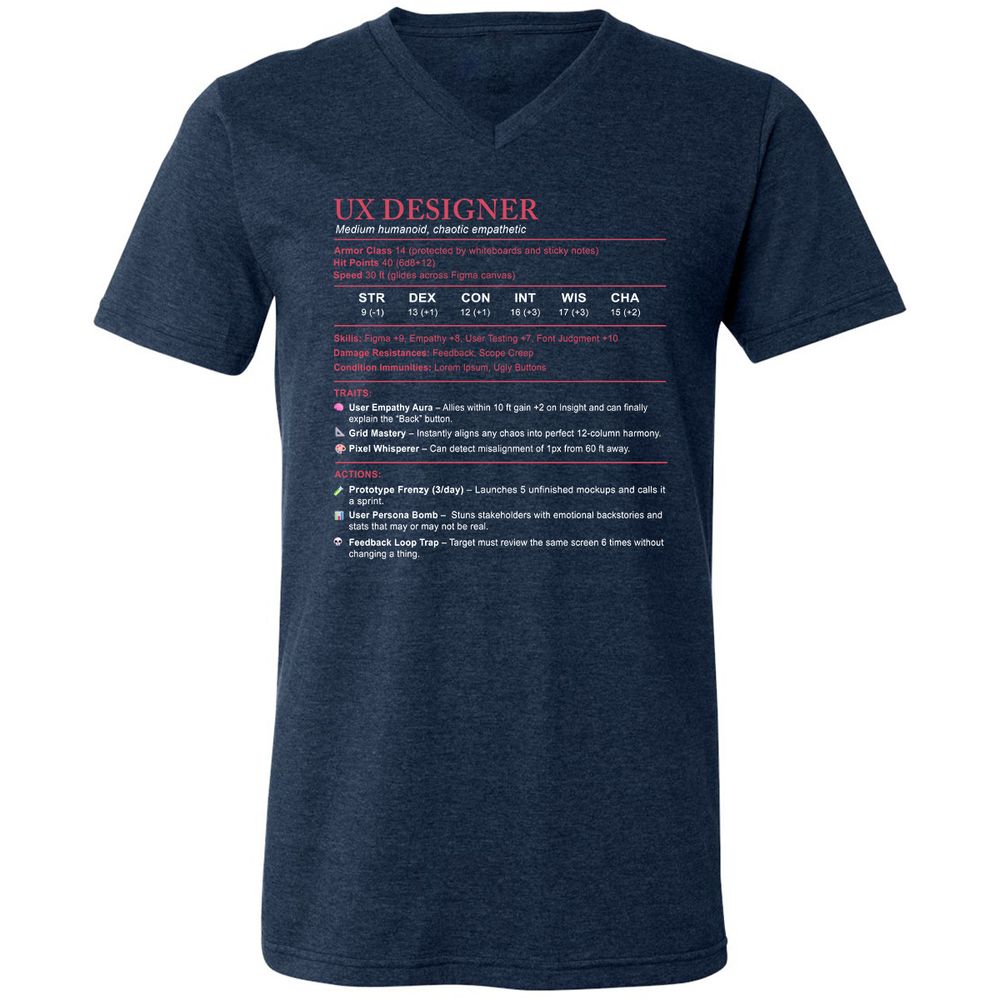 UX Designer Stats Unisex V-Neck T-Shirt - Heather Navy - 15