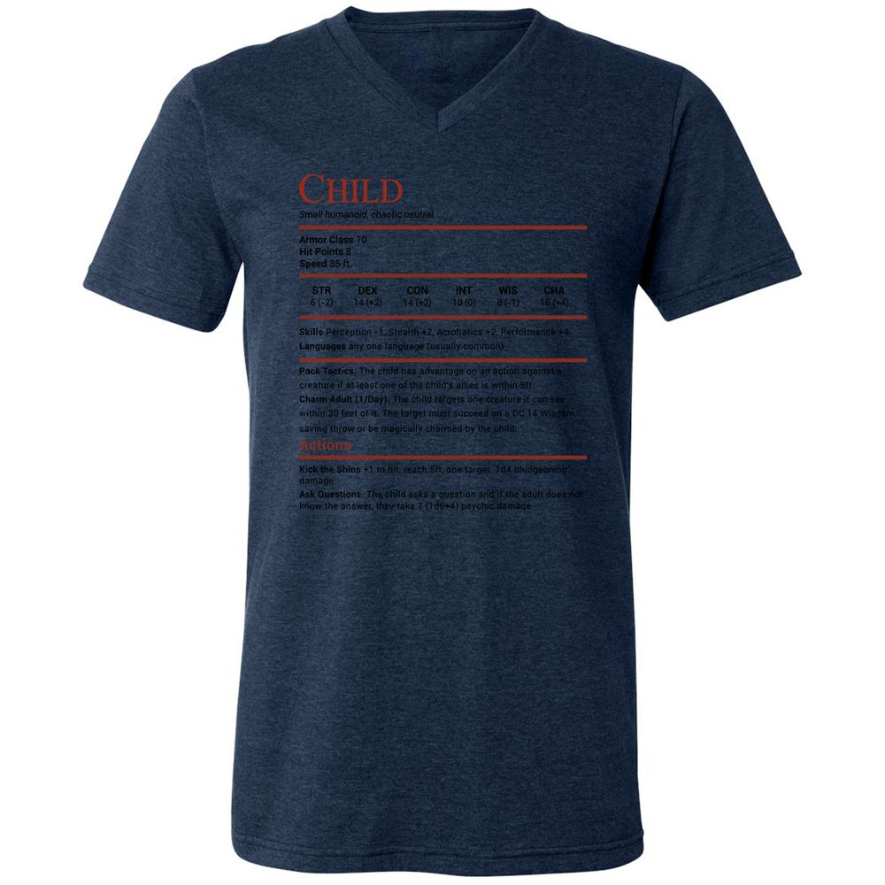Child Stats Unisex V-Neck T-Shirt - Heather Navy - 15