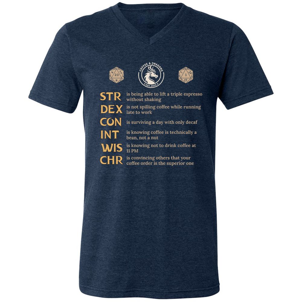 Coffee & Dragons RPG Stats Unisex V-Neck T-Shirt - Heather Navy - 15