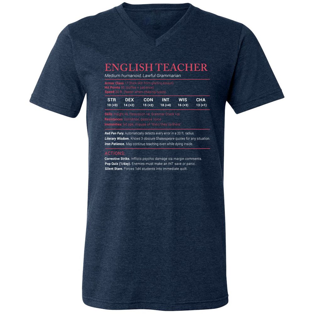 English Teacher Stats Unisex V-Neck T-Shirt - Heather Navy - 15