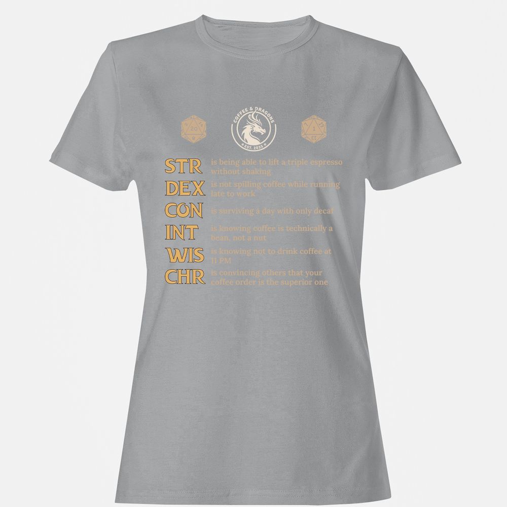 Coffee & Dragons RPG Stats Women's T-Shirt - Sport Grey - 15