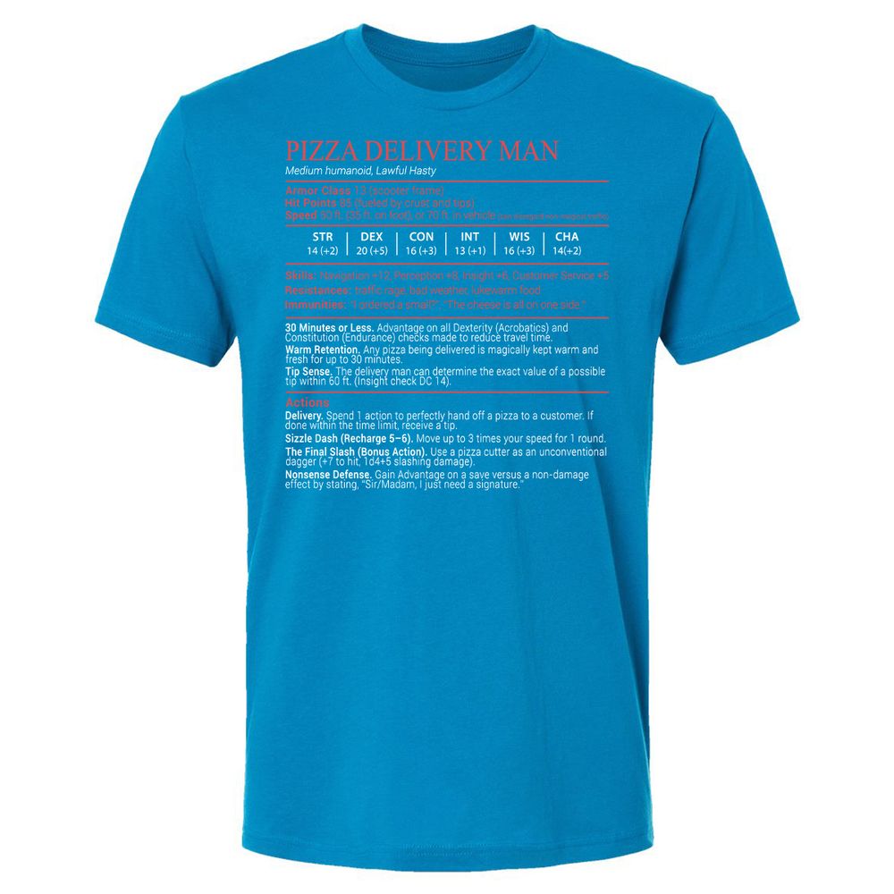 Pizza Delivery Man Stats Block Premium Unisex T-Shirt - Turquoise - 15