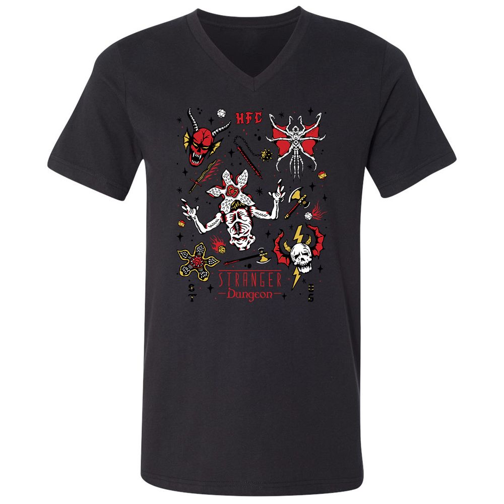 STRANGER DUNGEON Unisex V-Neck T-Shirt - Black - 16