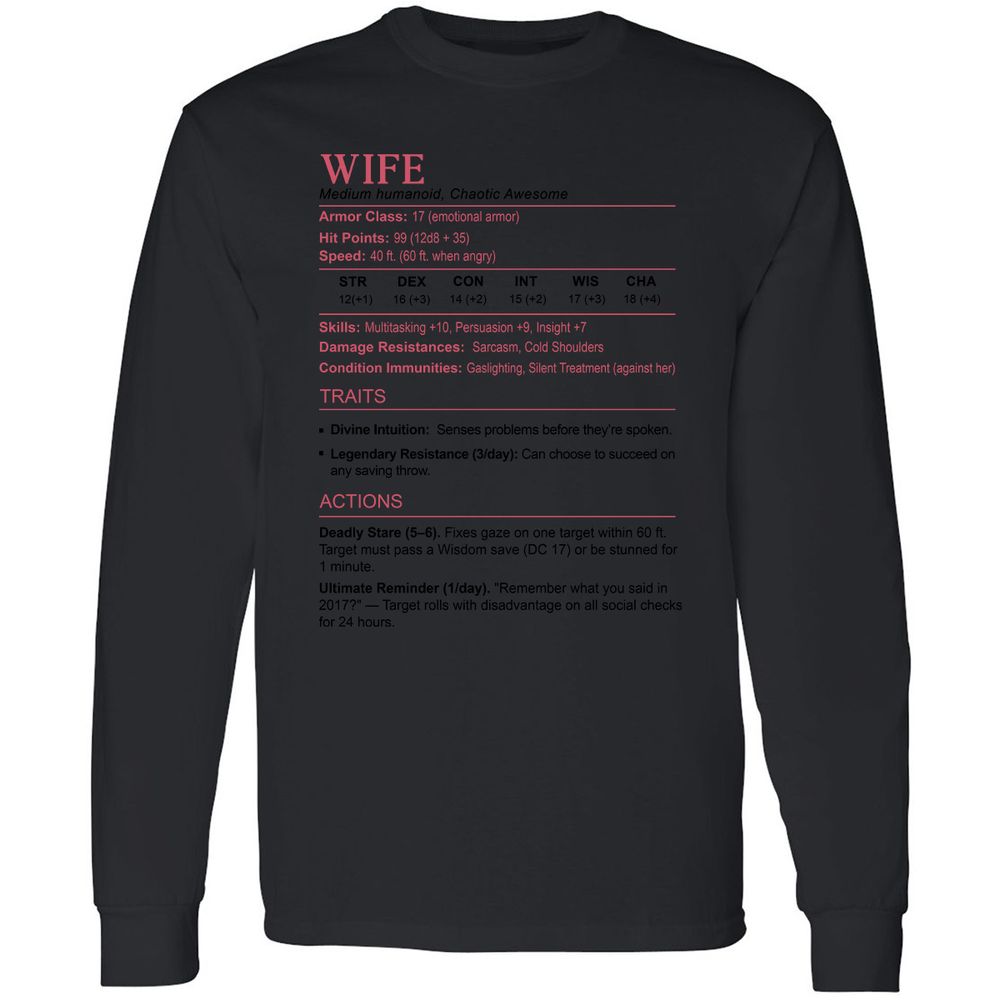 Wife Stats 2 Long Sleeve T-Shirt - Black - 16