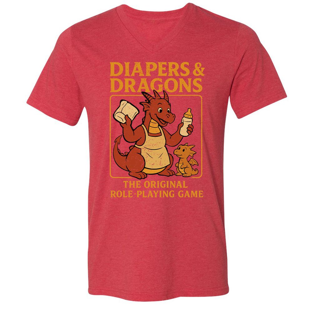 Diapers & Dragons Unisex V-Neck T-Shirt - Heather Red - 16