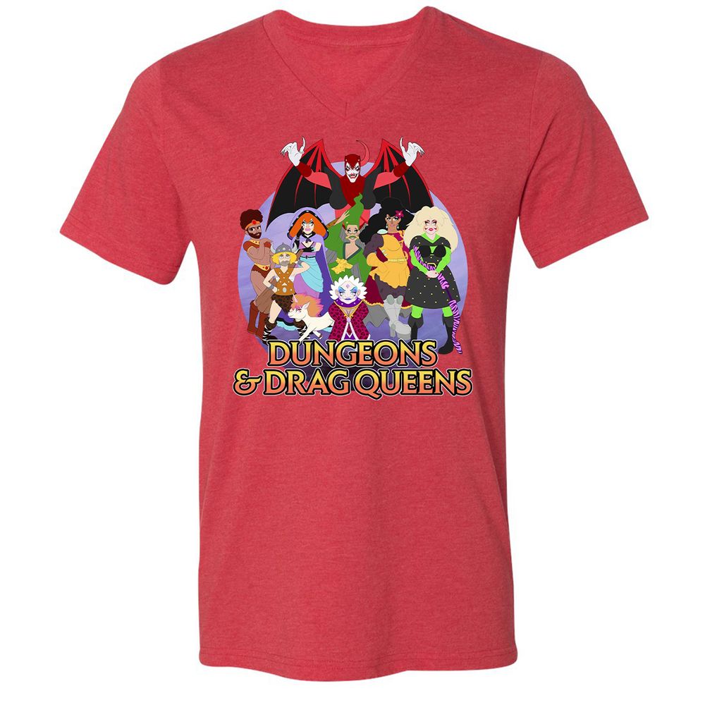 Dungeons n Drag Queens Cartoon Unisex V-Neck T-Shirt - Heather Red - 16