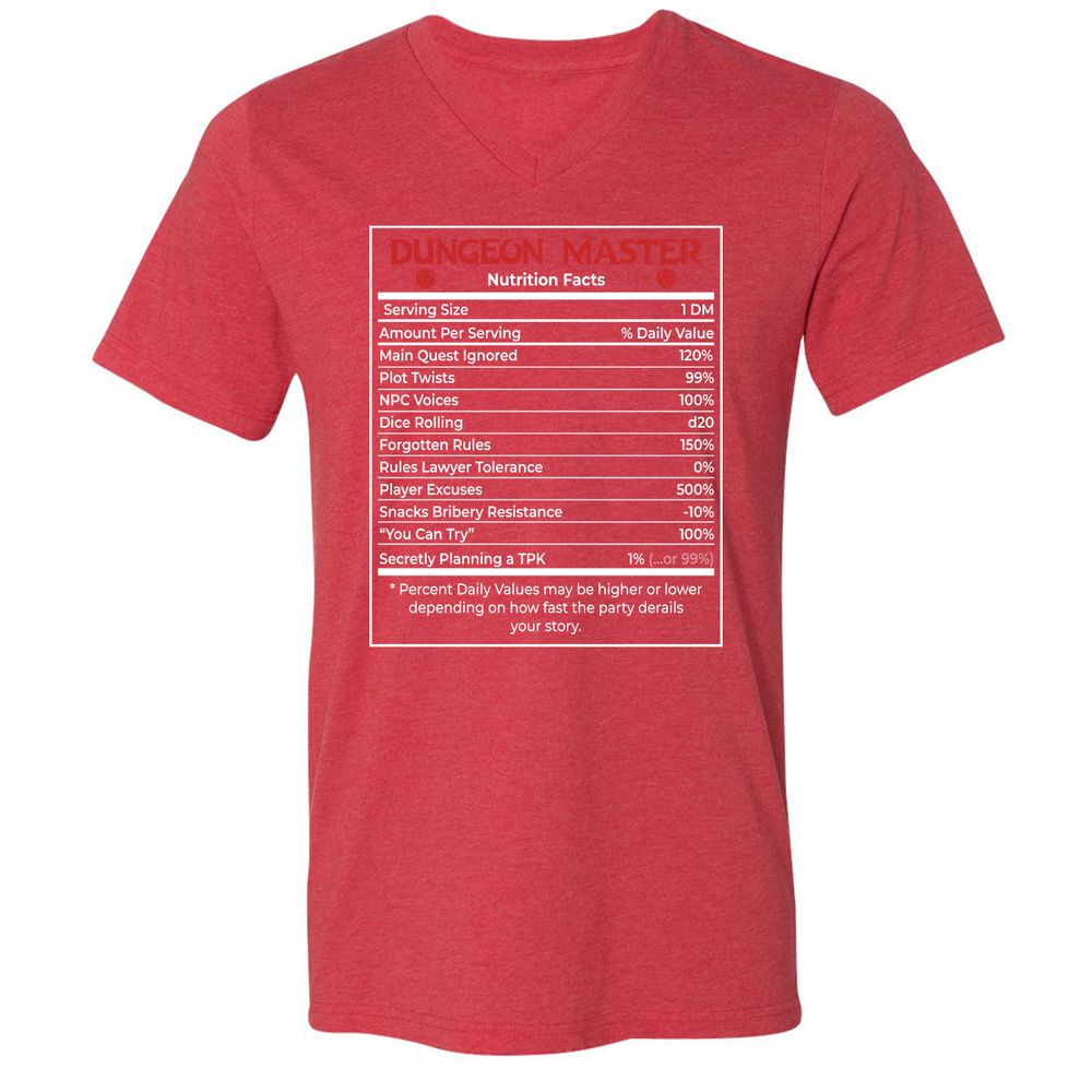 Dungeon Master Nutrition Facts Unisex V-Neck T-Shirt - Heather Red - 16