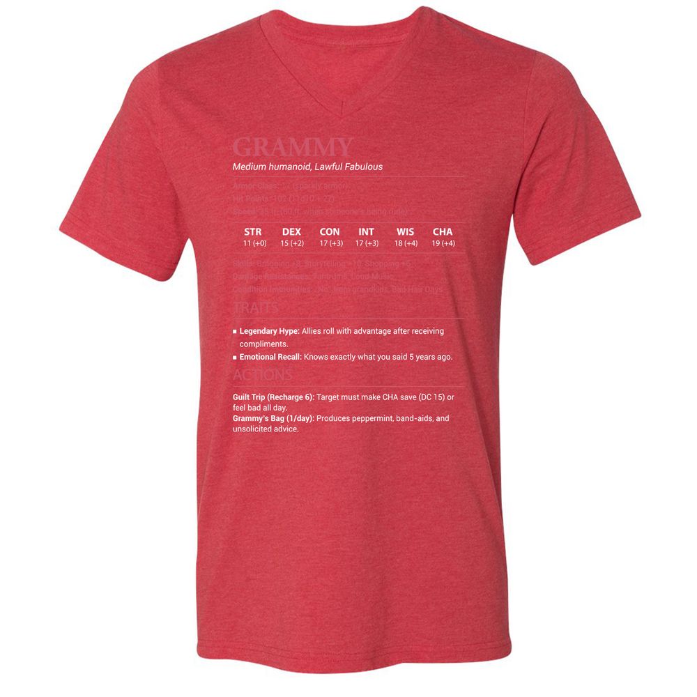 Grammy Stats Unisex V-Neck T-Shirt - Heather Red - 16