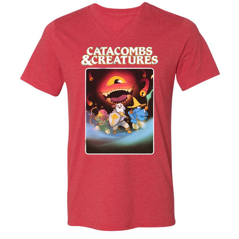 Catacombs & Creatures Unisex V-Neck T-Shirt - Heather Red - 16