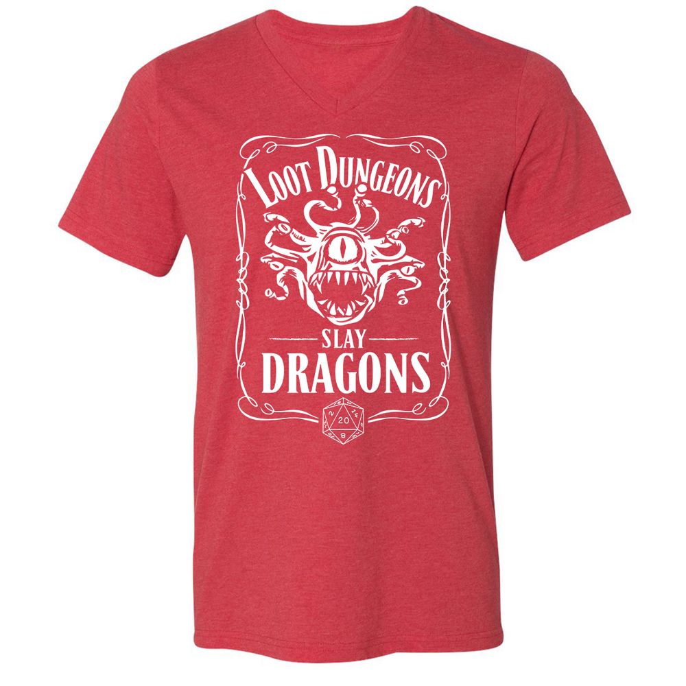 Loot Dungeon Slay Dragons Unisex V-Neck T-Shirt - Heather Red - 16