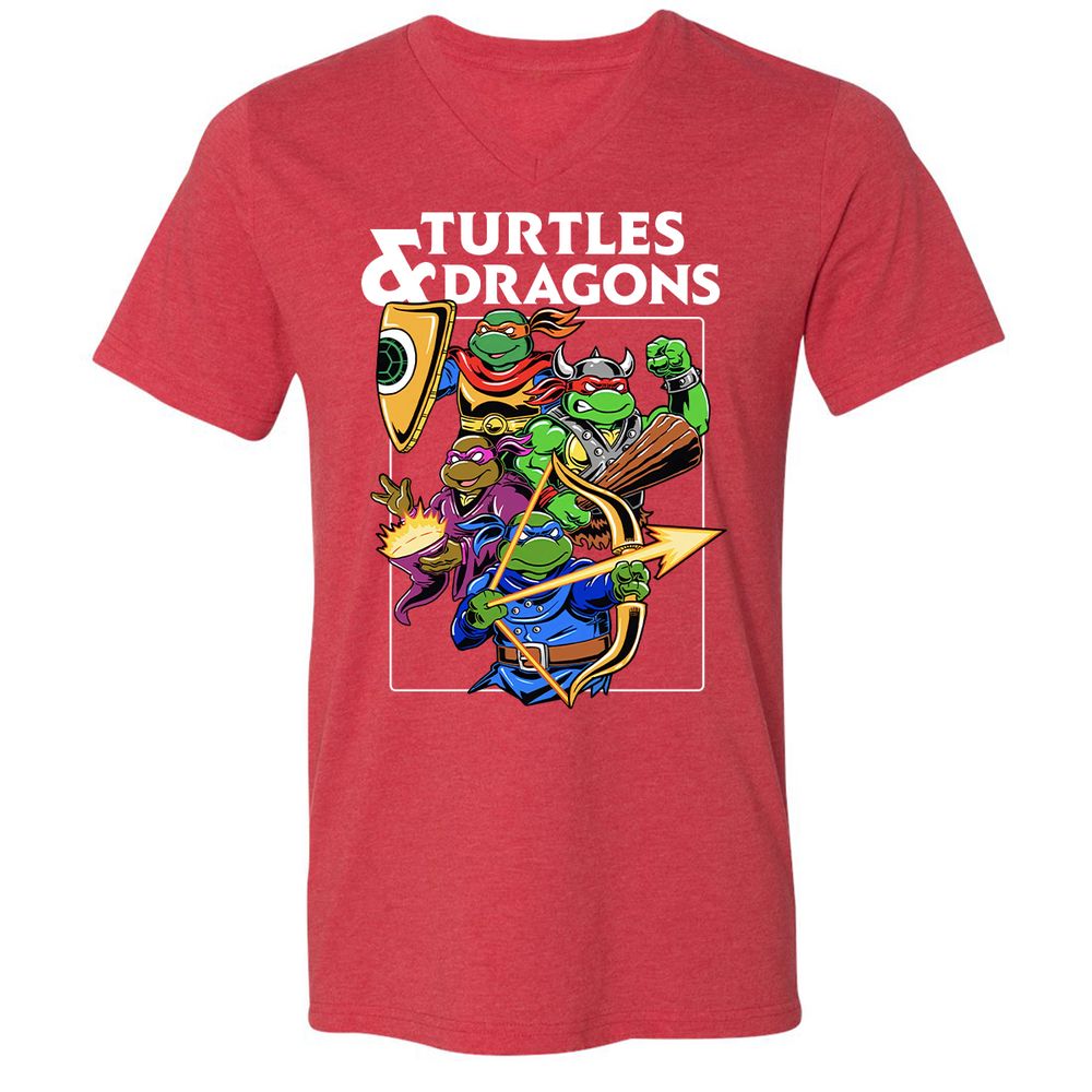 Turtles & Dragons Unisex V-Neck T-Shirt - Heather Red - 16