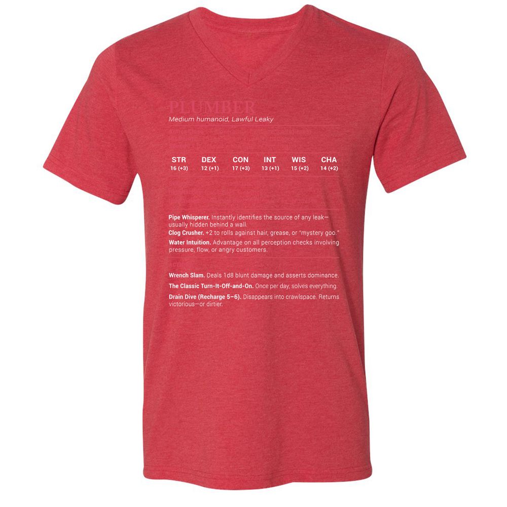 Plumber Stats Unisex V-Neck T-Shirt - Heather Red - 16