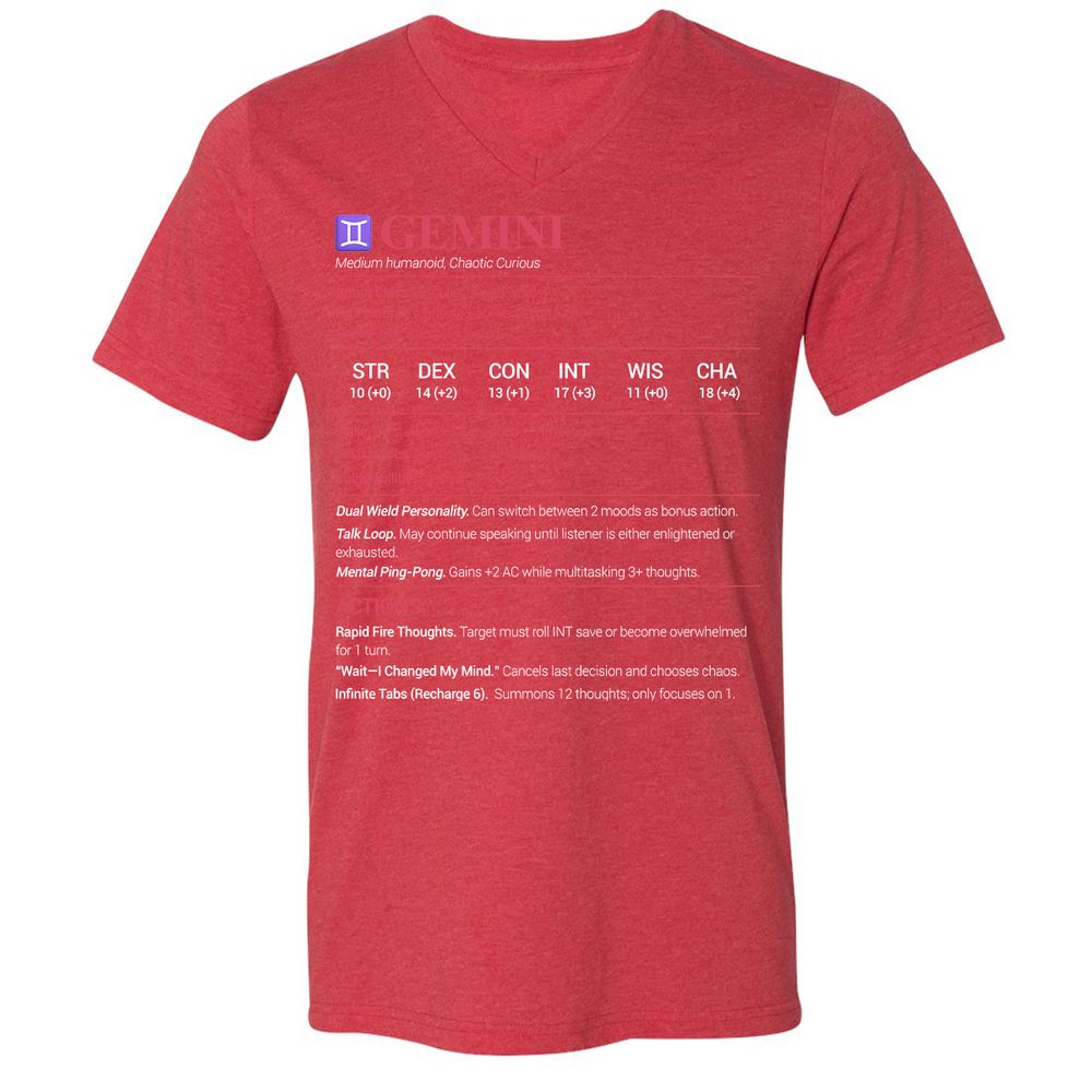 Gemini Stats Unisex V-Neck T-Shirt - Heather Red - 16