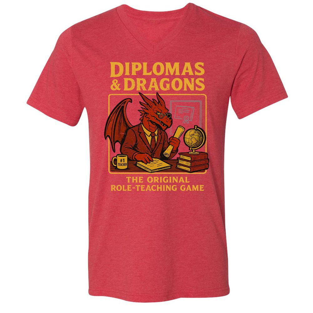 Diplomas & Dragons Unisex V-Neck T-Shirt - Heather Red - 16