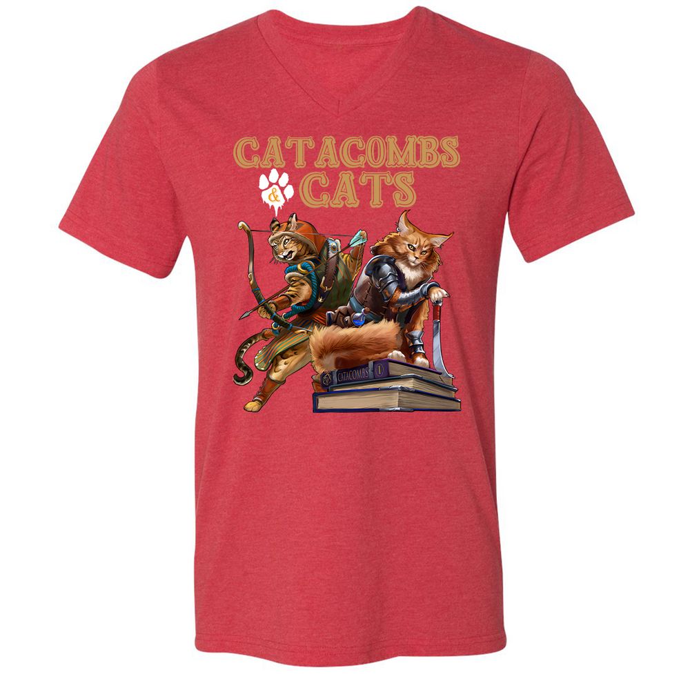 Catacombs & Cats Unisex V-Neck T-Shirt - Heather Red - 16