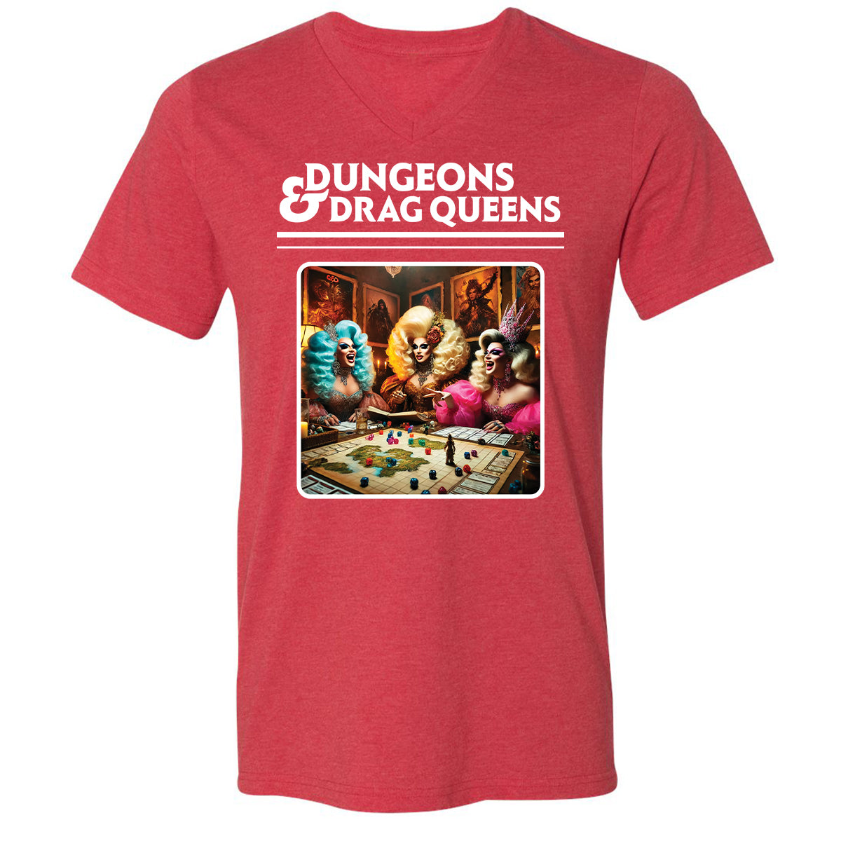 Dungeons & Drag Queens Unisex V-Neck T-Shirt - Heather Red - 16