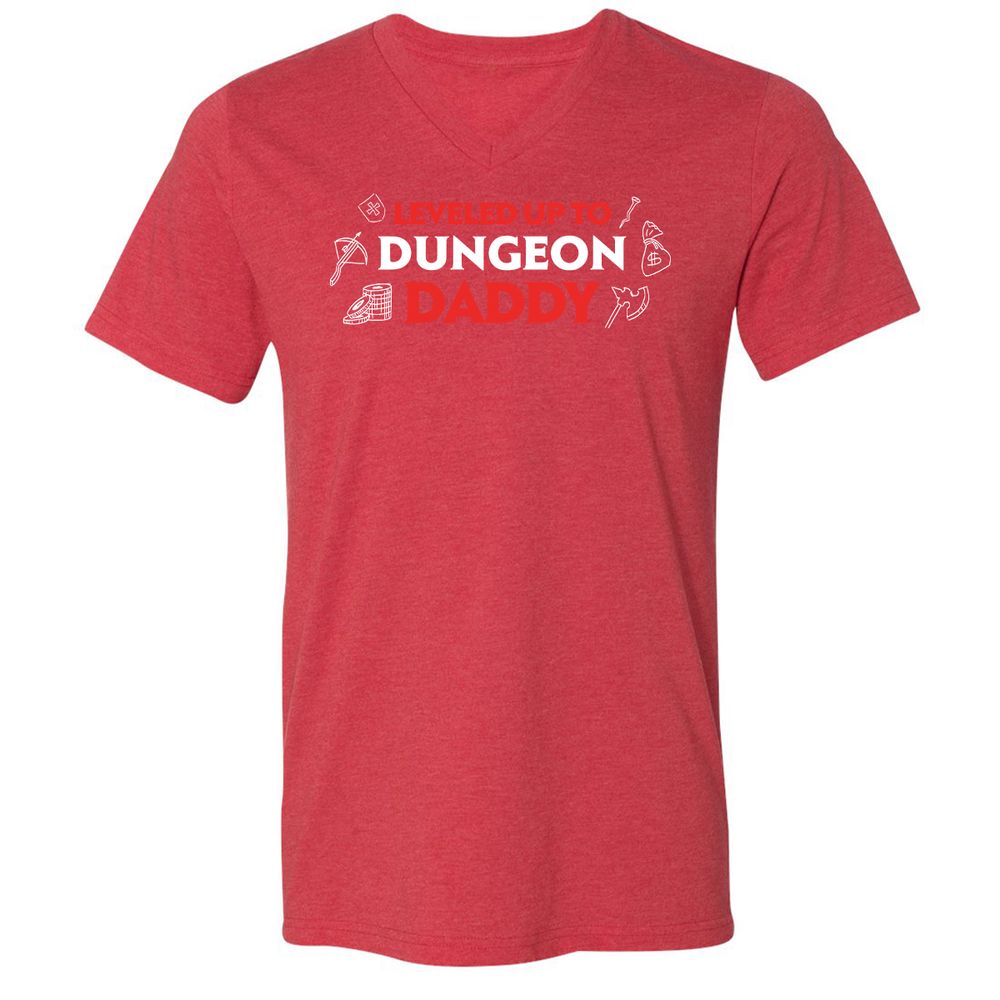 Leveled Up To Dungeon Daddy Unisex V-Neck T-Shirt - Heather Red - 16