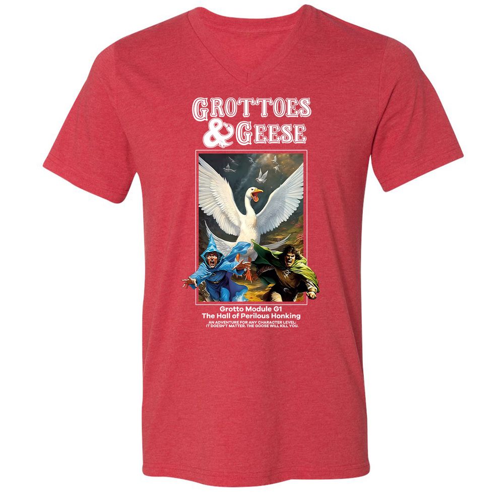 Grottoes & Geese Unisex V-Neck T-Shirt - Heather Red - 16