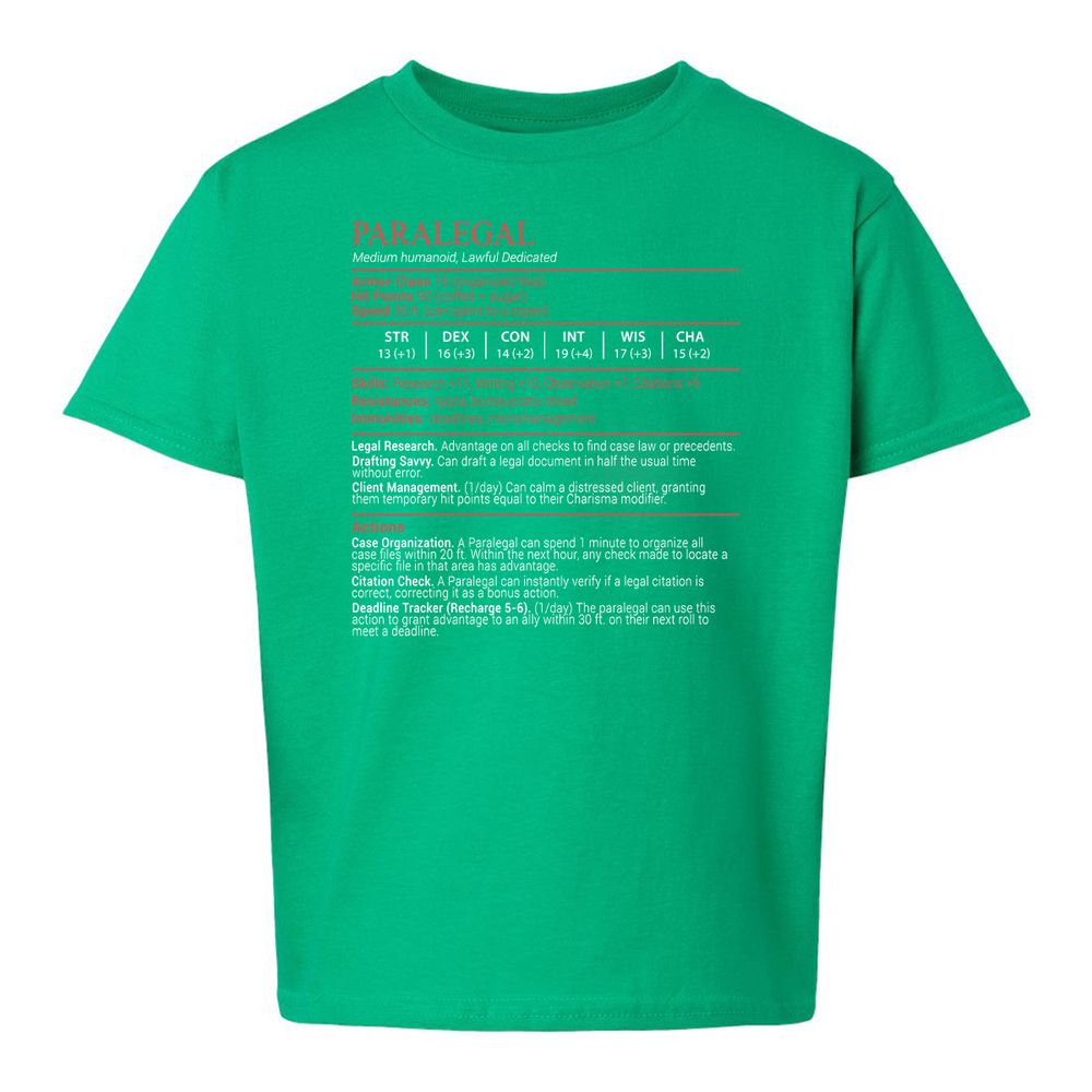 Paralegal Stats Block Kids T-Shirt - Irish Green - 16