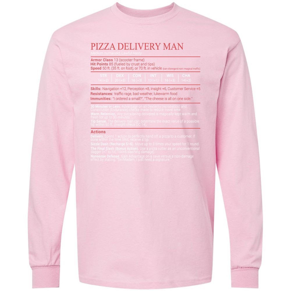 Pizza Delivery Man Stats Block Long Sleeve T-Shirt - Light Pink - 16