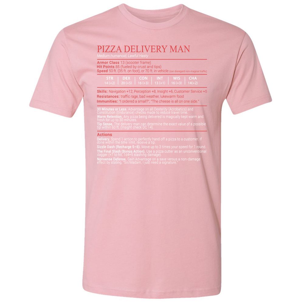Pizza Delivery Man Stats Block Premium Unisex T-Shirt - Light Pink - 16