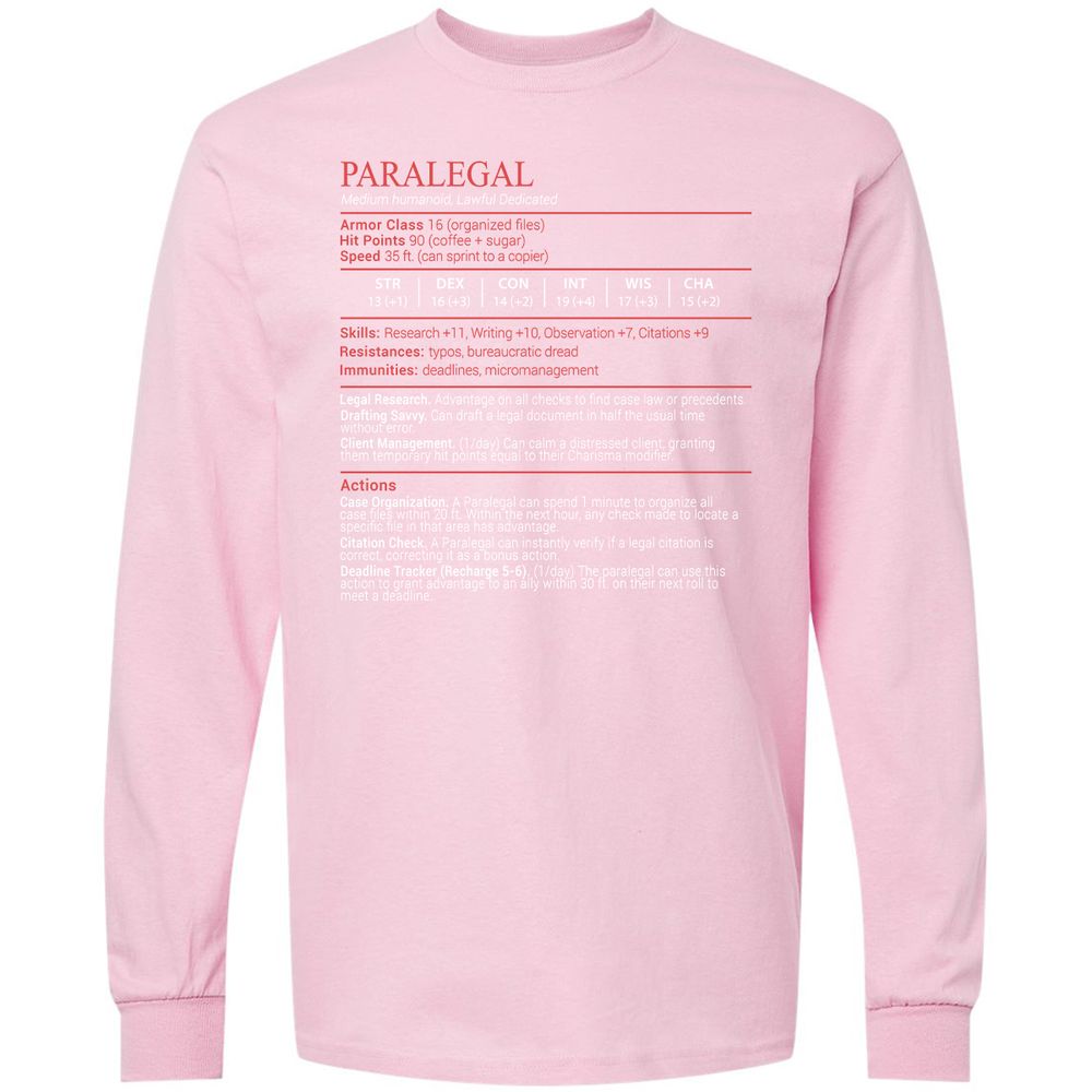 Paralegal Stats Block Long Sleeve T-Shirt - Light Pink - 16