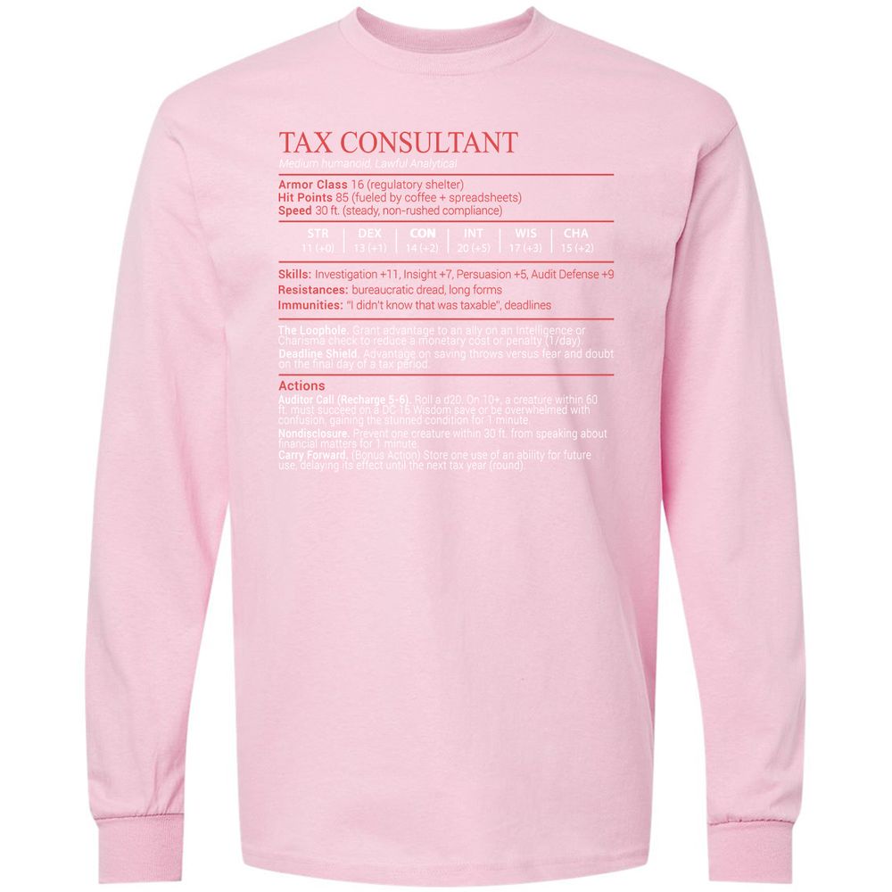 Tax Consultant Stats Block Long Sleeve T-Shirt - Light Pink - 16