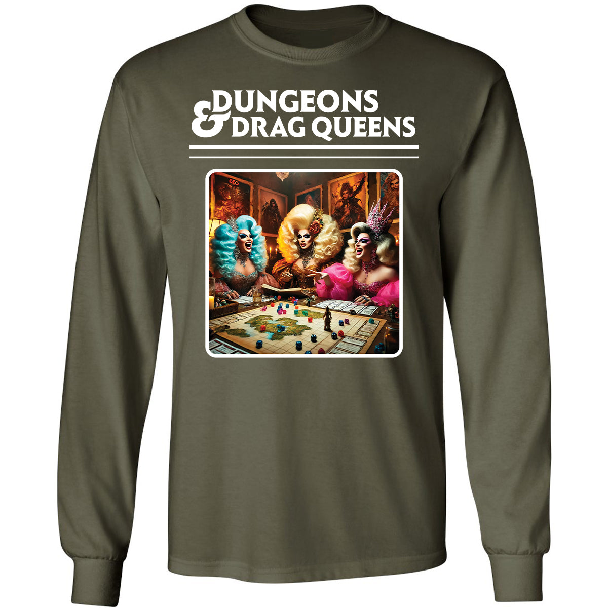 Dungeons & Drag Queens Long Sleeve T-Shirt - Military Green - 16