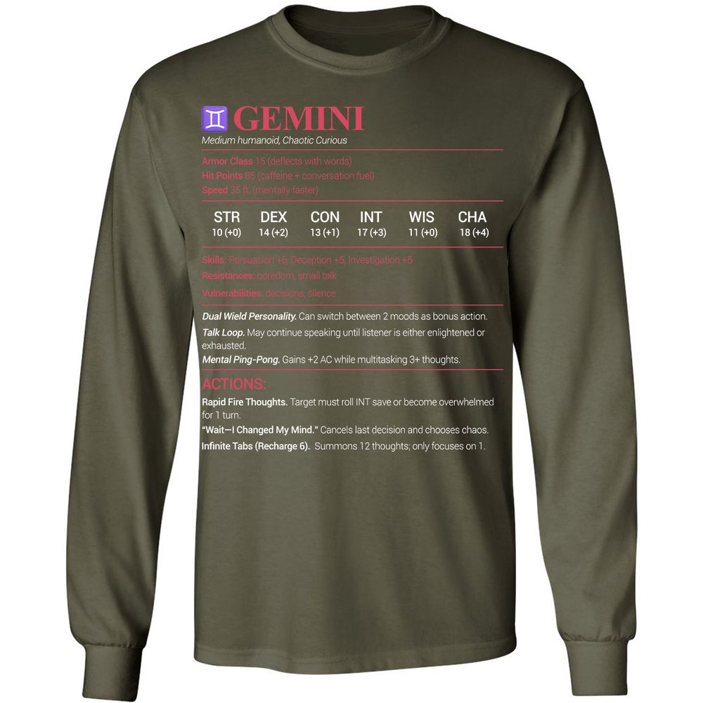 Gemini Stats Long Sleeve T-Shirt - Military Green - 16