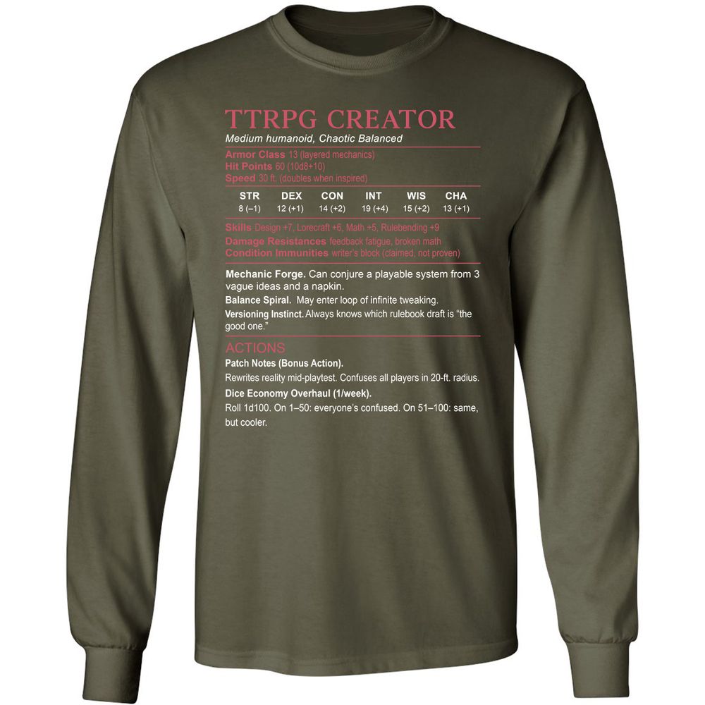 TTRPG Creator Stats Long Sleeve T-Shirt - Military Green - 16
