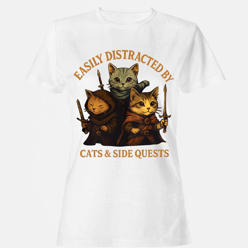 Easily Distracted By Cats & Side Quests Women's T-Shirt - White - 16