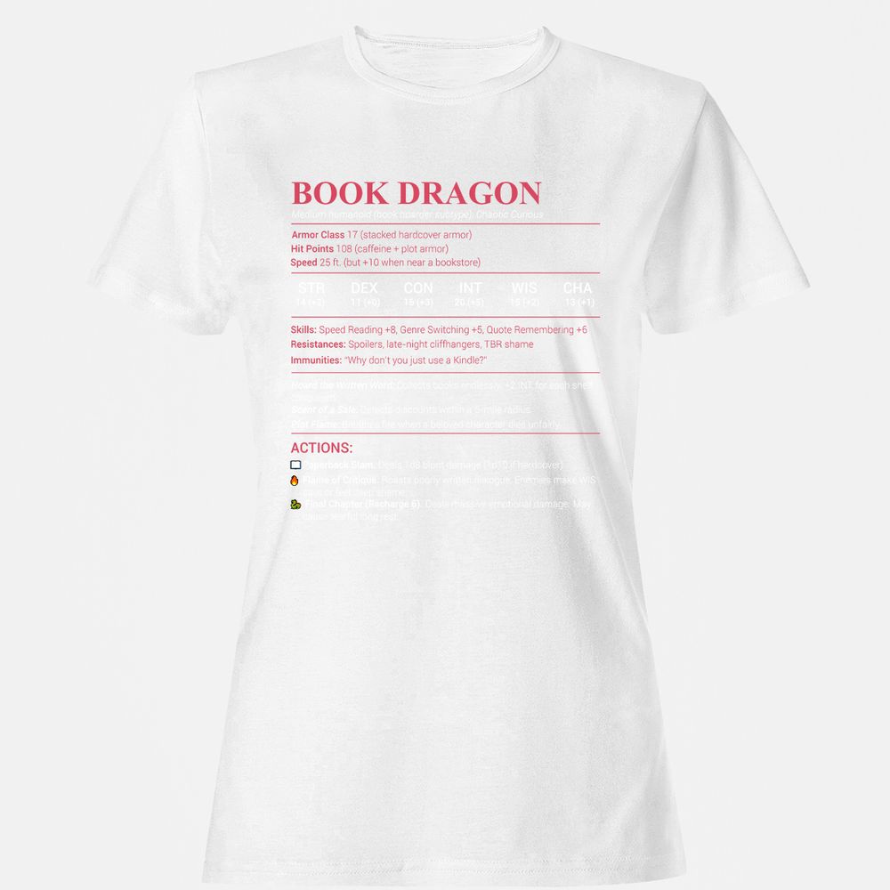 Book Dragon Stats Women's T-Shirt - White - 16