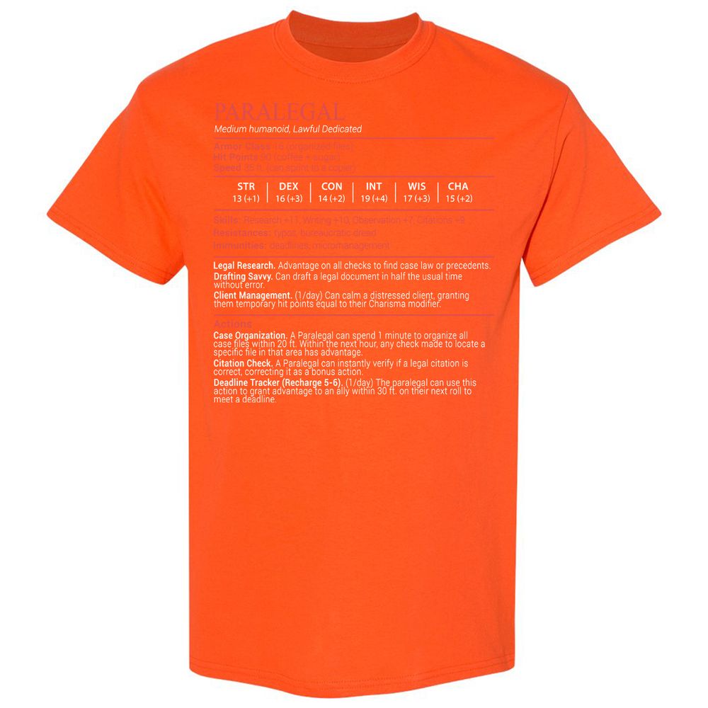 Paralegal Stats Block Classic Unisex T-Shirt - Orange - 17