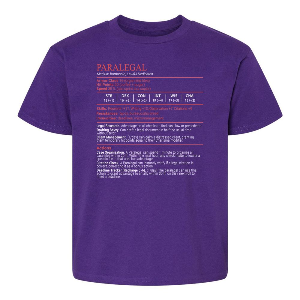 Paralegal Stats Block Kids T-Shirt - Purple - 17