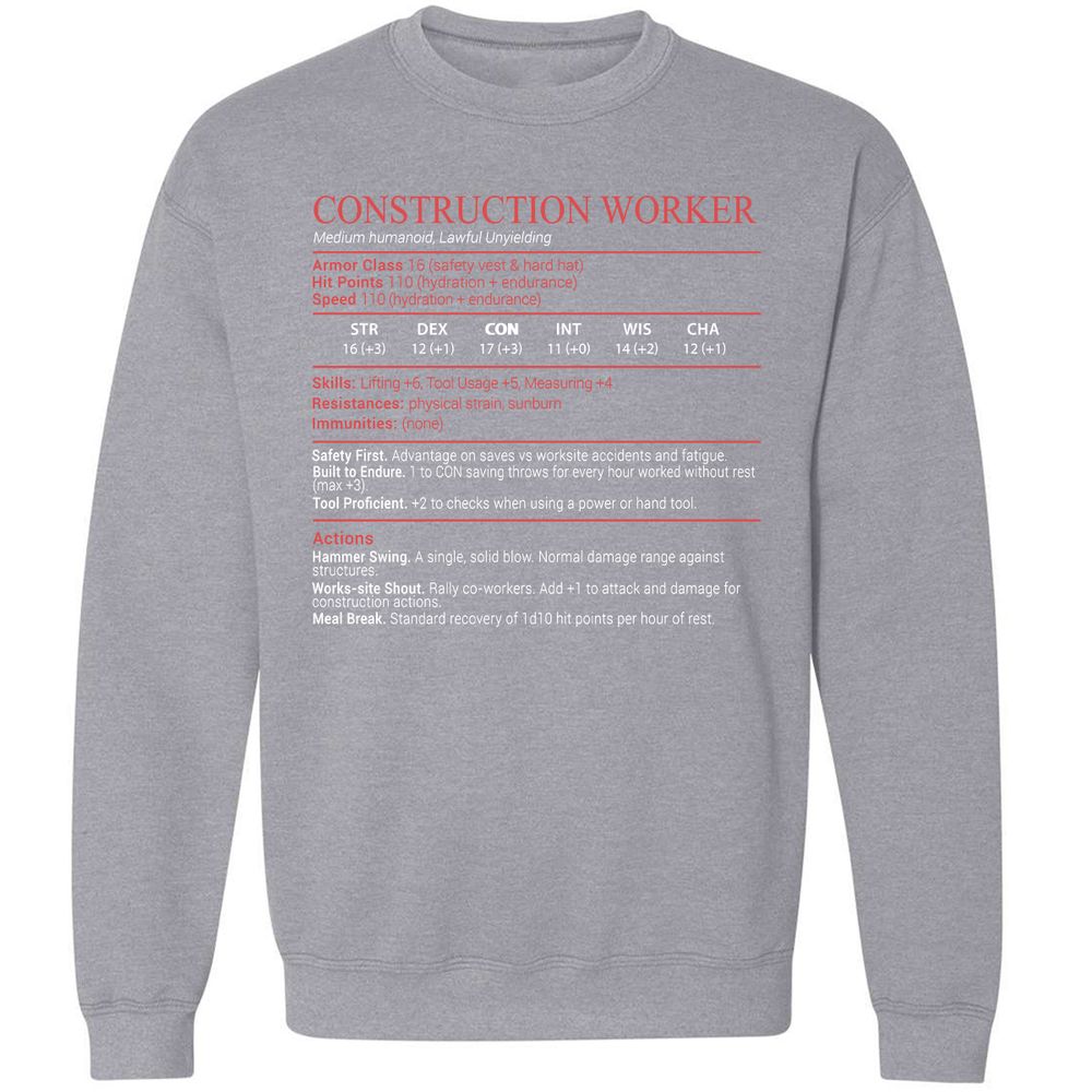 Construction Worker Stats Block - Sport Grey - 17