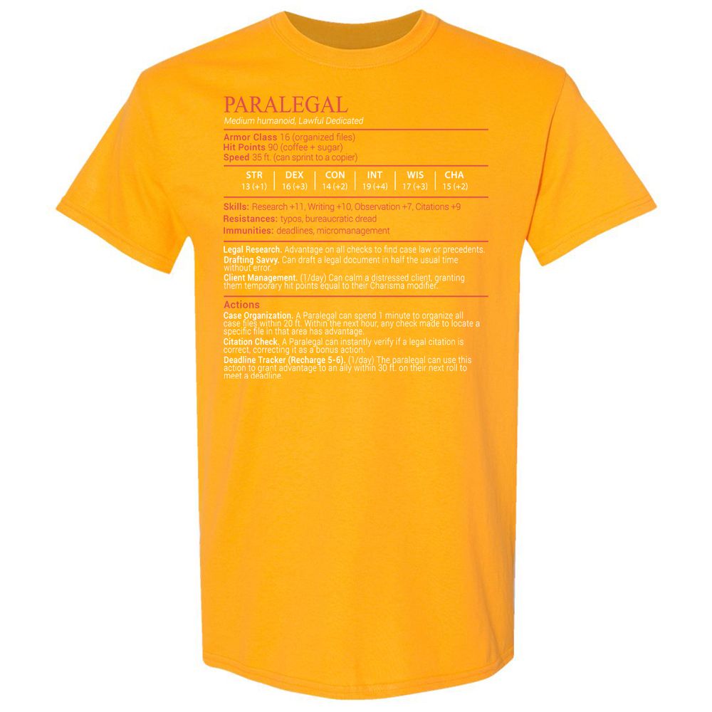 Paralegal Stats Block Classic Unisex T-Shirt - Gold - 18