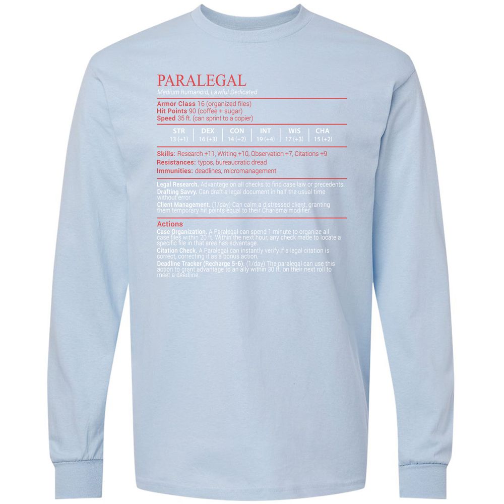 Paralegal Stats Block Long Sleeve T-Shirt - Light Blue - 18