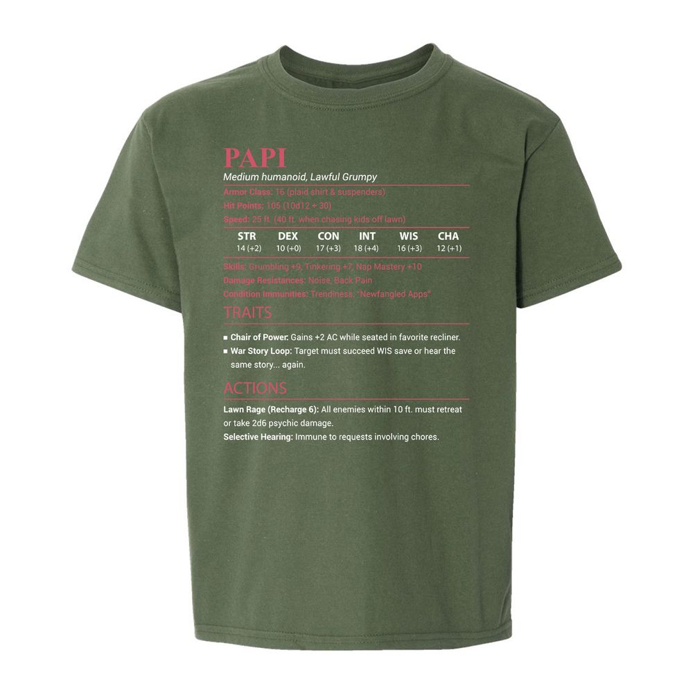 Papi Stats Kids T-Shirt - Military Green - 19