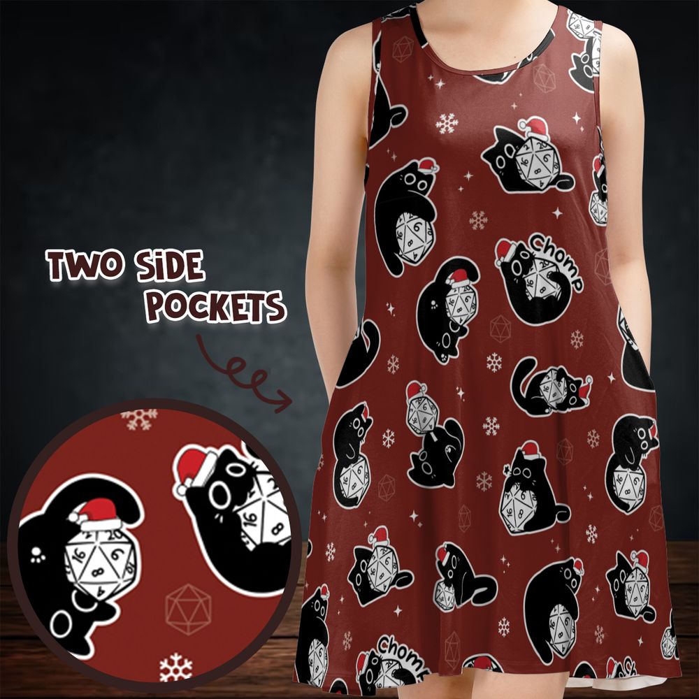 Christmas Black Cat Dice Sleeveless Dress -  - 1