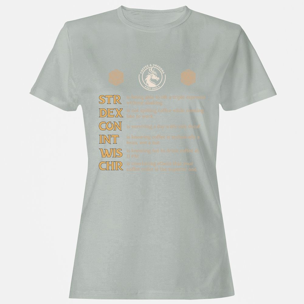 Coffee & Dragons RPG Stats Women's T-Shirt - Ash - 2