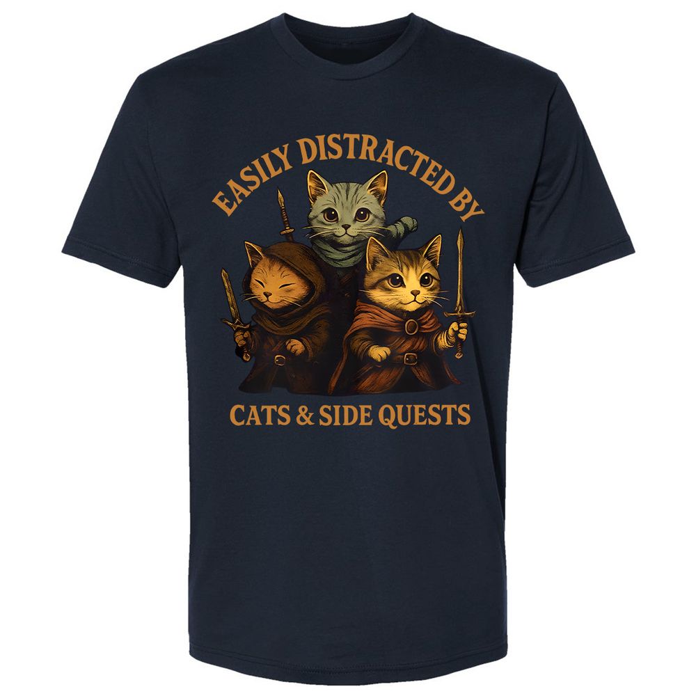 Easily Distracted By Cats & Side Quests Premium Unisex T-Shirt - Midnight Navy - 2