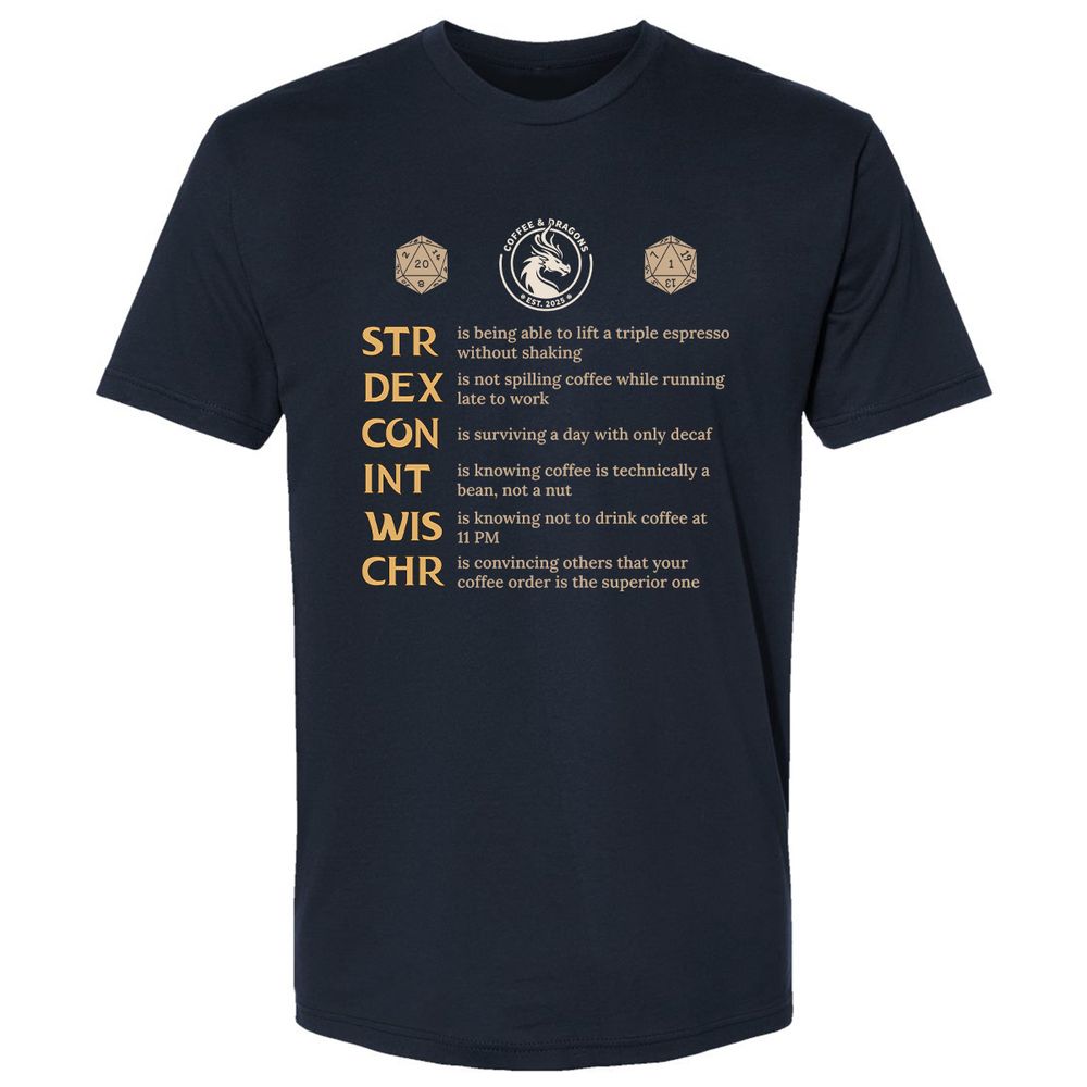 Coffee & Dragons RPG Stats Premium Unisex T-Shirt - Midnight Navy - 2