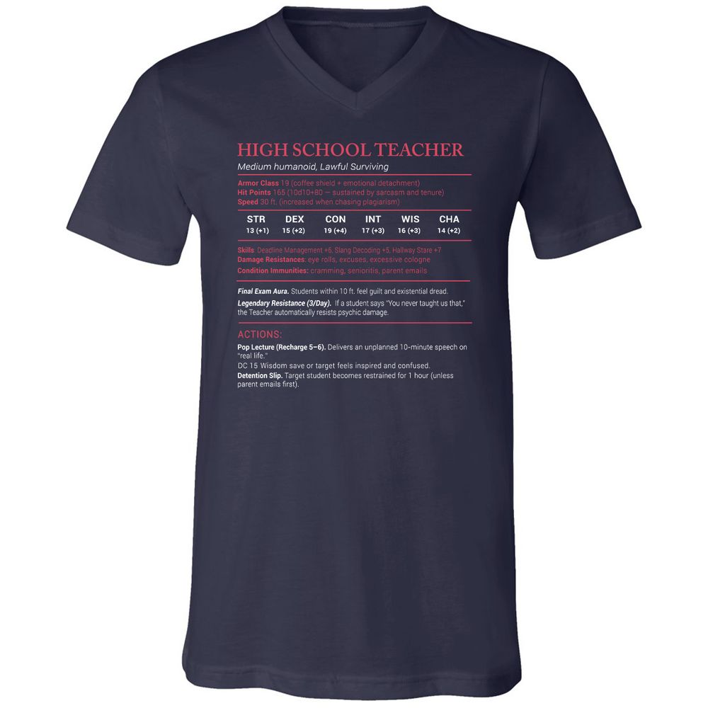 High School Teacher Stats Unisex V-Neck T-Shirt - Navy - 2