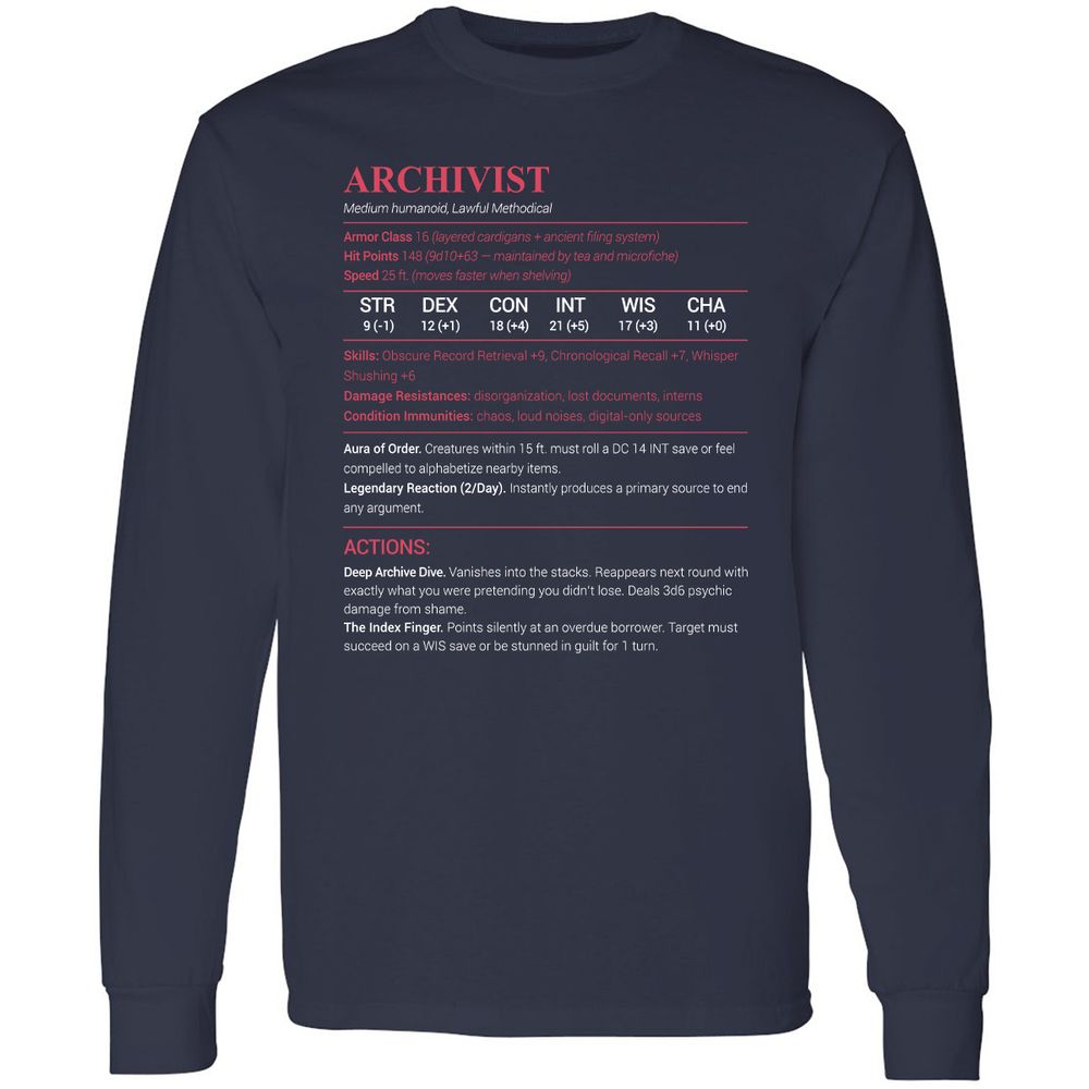 Archivist Stats Long Sleeve T-Shirt - Navy - 2