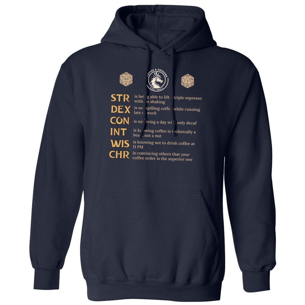 Coffee & Dragons RPG Stats Classic Unisex Hoodie - Navy - 2