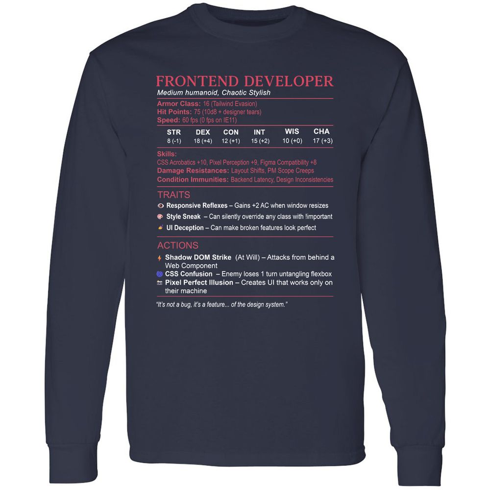 Frontend Developer Stats Long Sleeve T-Shirt - Navy - 2