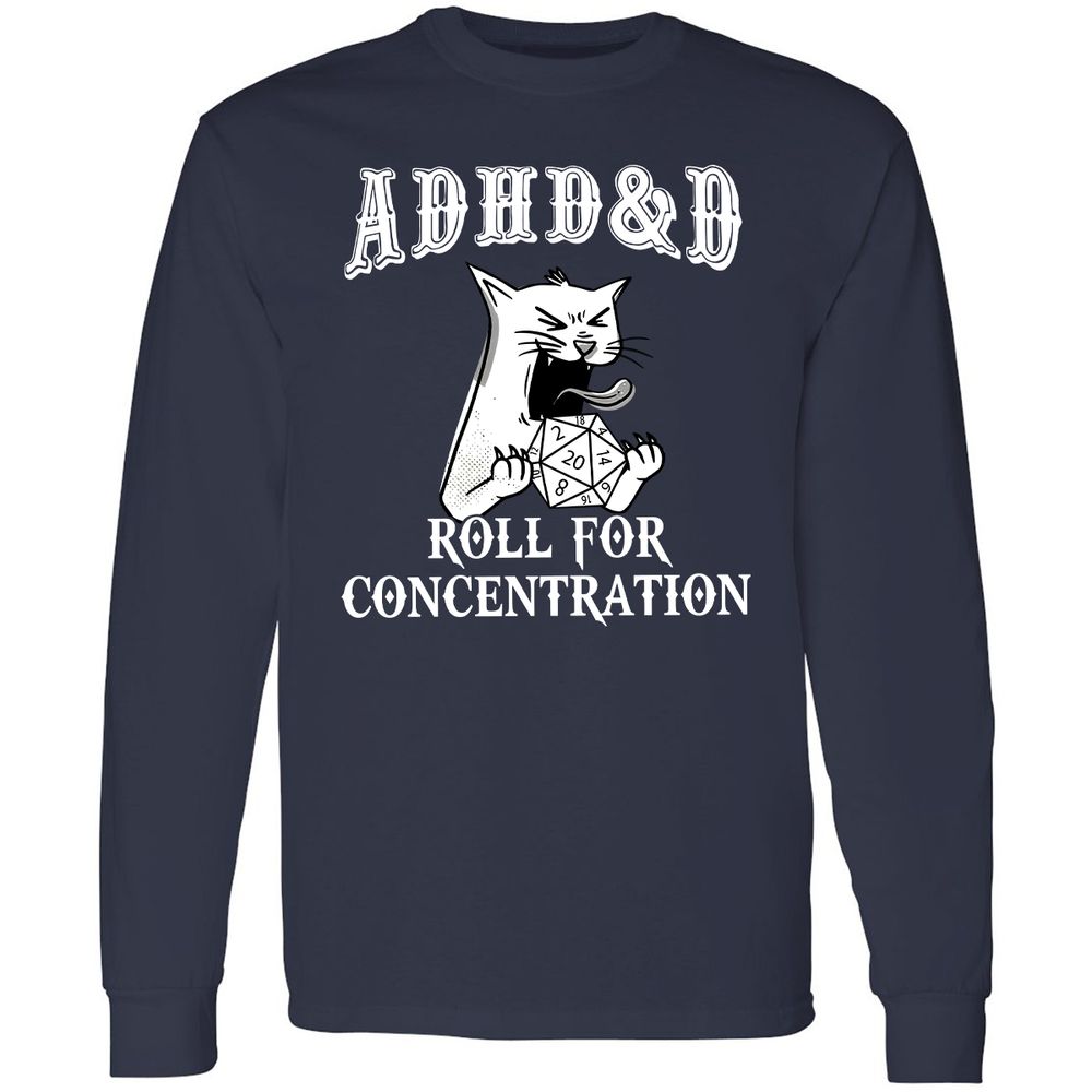 Cat ADHD&D Roll For Concentration Long Sleeve T-Shirt - Navy - 2