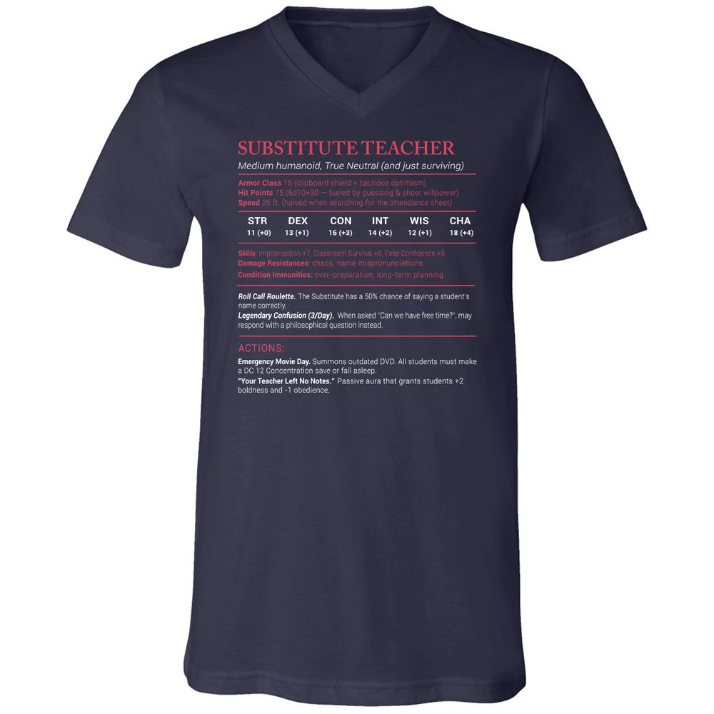 Substitute Teacher Stats Unisex V-Neck T-Shirt - Navy - 2