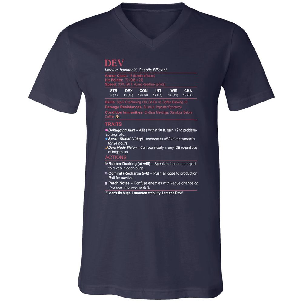 DEV Stats Unisex V-Neck T-Shirt - Navy - 2